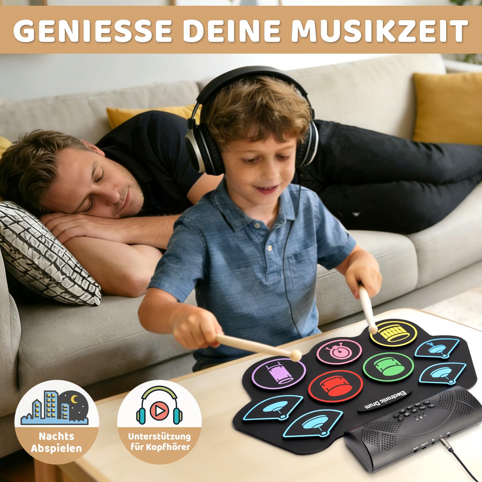 Topteng 9-Pad Schlagzeug Elektronisch, Handroll E-Drum Set mit Stereo-Lautsprechern & Fußpedalen, Tragbares Silikon Drum Pad Kit mit Kopfhöreranschluss, Musikinstrument Geschenk für Kinder & Anfänger
