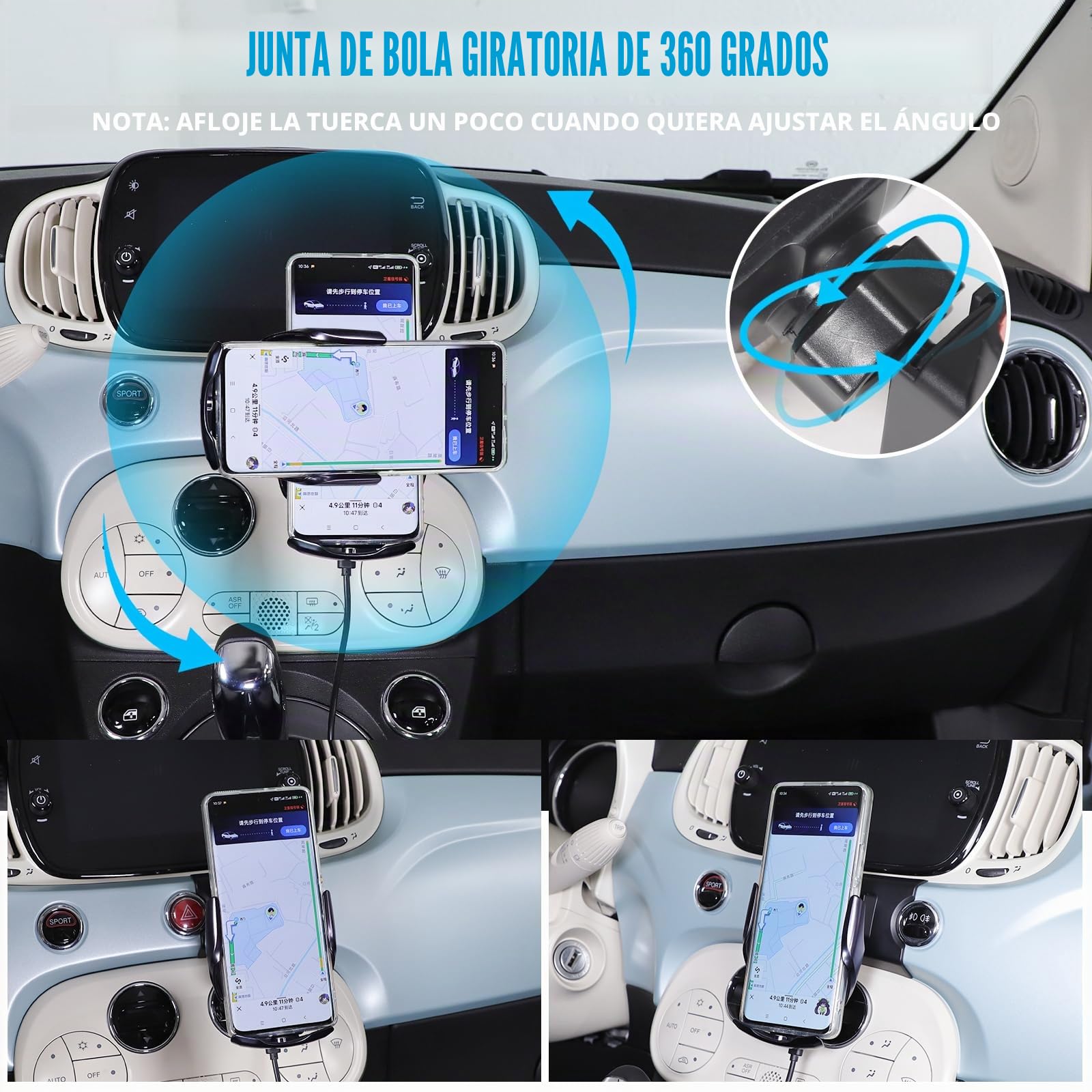 METYOUCAR Soporte de teléfono móvil para coche Fiat 500 2007-2016-2024 - Soporte de teléfono móvil giratorio y fijo para coche, compatible con iPhone, Android y smartphones