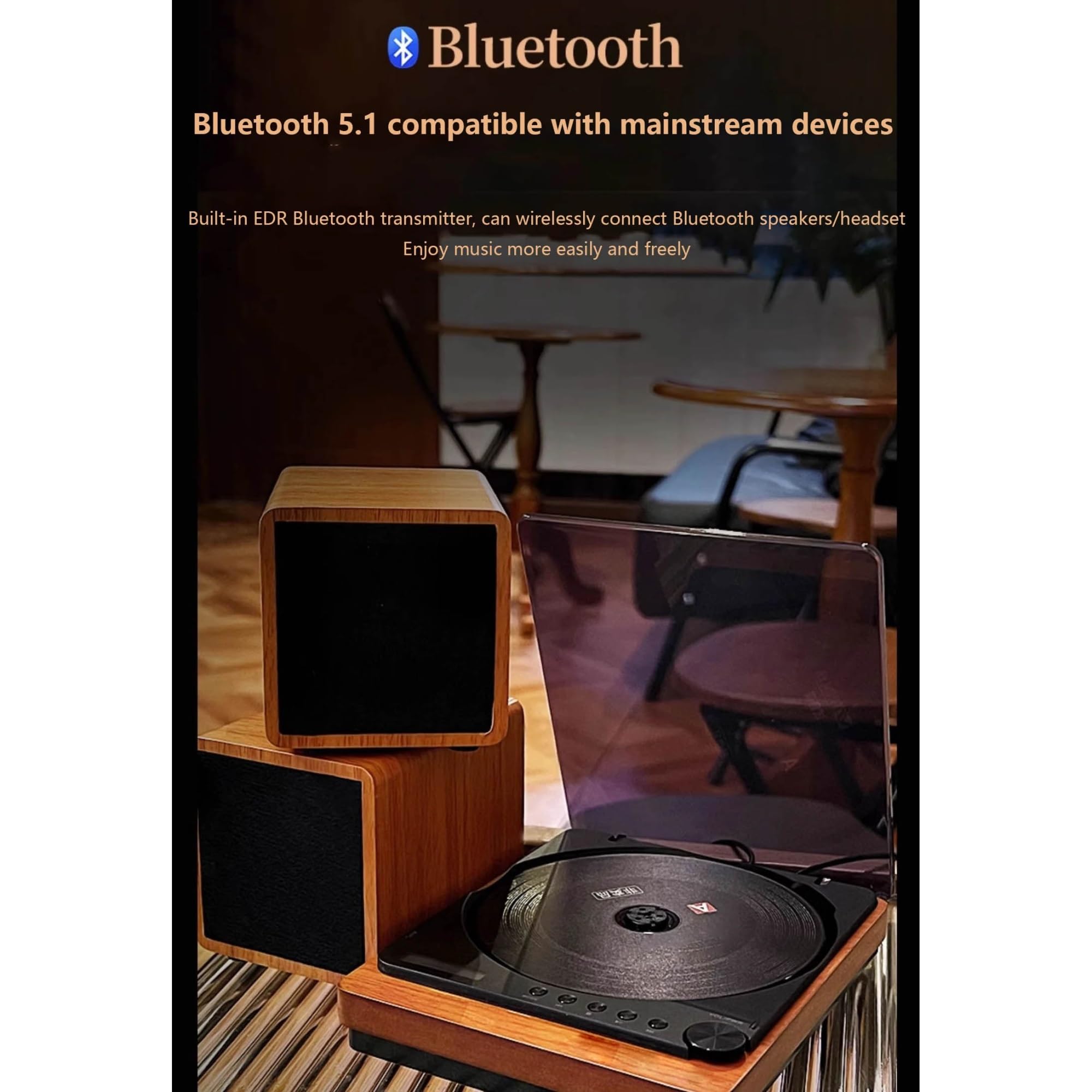 Mini lettore CD vintage, Bluetooth 5.1 con cavo in fibra ottica da 1,5 m, ripping da CD a USB, uscita digitale ottica, jack AUX da 3,5 mm, telecomando, USO AUTO DOMESTICO