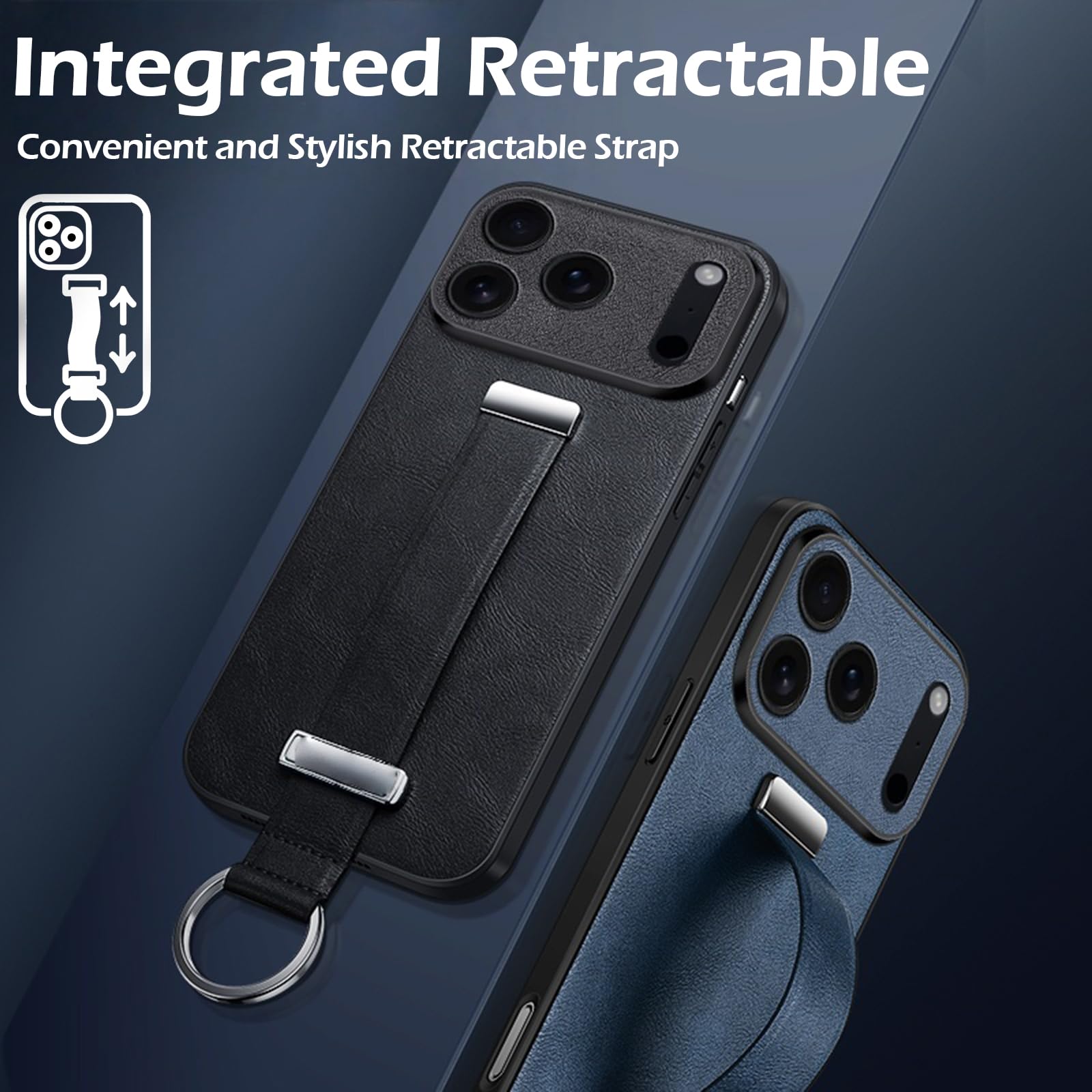 Funda para iPhone 17 Pro Max/17 Pro/17 Air/17, Correa de Cuero Sintético con Soporte de Anilla, Protección Total para la Lente y Carcasa Fina a Prueba de Golpes.-Blue||17