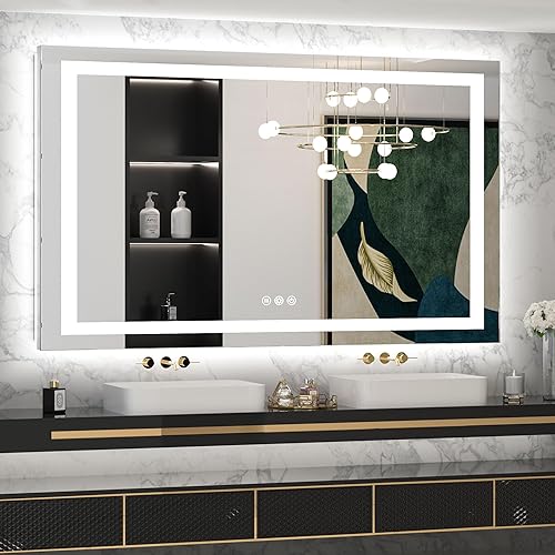 TETOTE Espejo de baño LED de 60 x 36 pulgadas con luz frontal y retroiluminada, espejo de tocador antiniebla, regulable, 3 colores