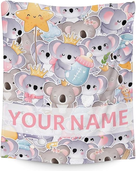 Personalized Koala Blanket Gifts with Name - 30"x40" Cute Throw for Women, Girls - Colorful Soft Fuzzy Blankets for Couch & Office