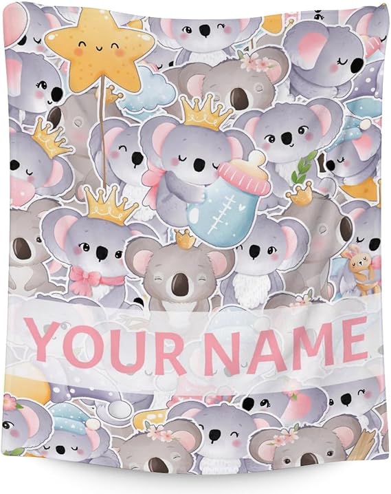 Personalized Koala Blanket Gifts with Name - 30"x40" Cute Throw for Women, Girls - Colorful Soft Fuzzy Blankets for Couch & Office