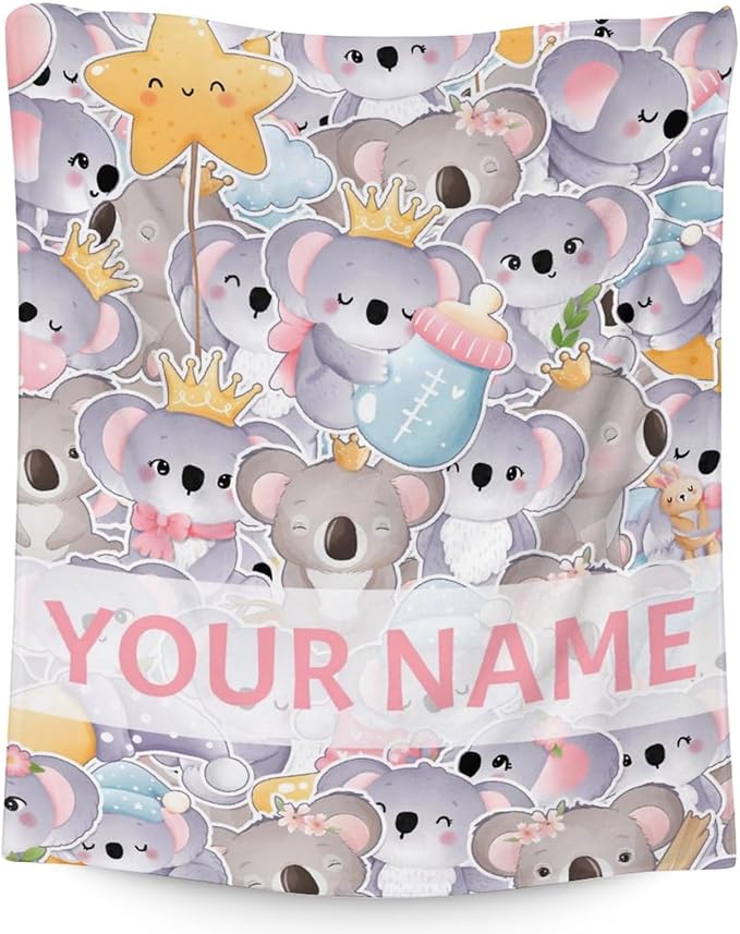 Personalized Koala Blanket Gifts with Name - 30"x40" Cute Throw for Women, Girls - Colorful Soft Fuzzy Blankets for Couch & Office