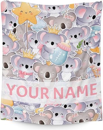 Personalized Koala Blanket Gifts with Name - 30"x40" Cute Throw for Women, Girls - Colorful Soft Fuzzy Blankets for Couch & Office