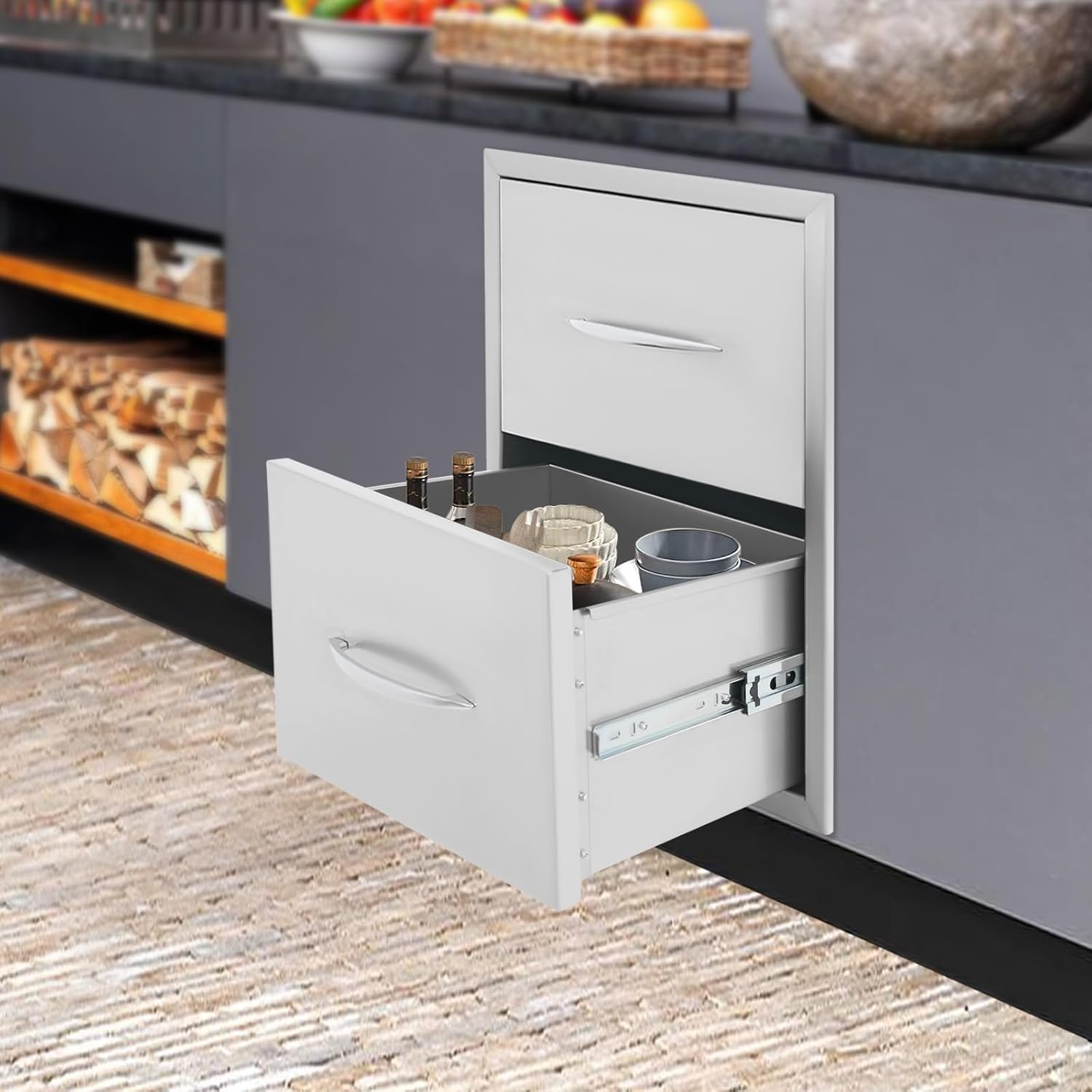 Outdoor Kitchen Drawers Stainless Steel Silver Built-in Drawer with Handle Flush Mount 1/2/3-tier BBQ Drawers for Outdoor Kitchen Island, Patio Grill Station (2-tier 12.4L*17.72W*20.08H inch)