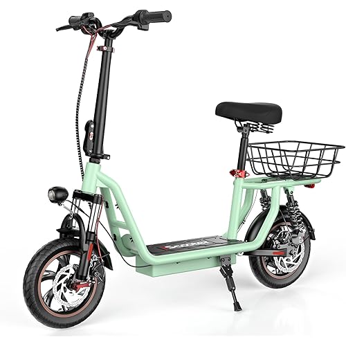 iScooter Electric Scooter with Seat, 37/21 Miles Long Range & 28/19/15.6 MPH Top Speed, 14"/12"/10" Pneumatic Tire, Height Adjustable Seat & Handlebar, Dual Suspensions Commuting Scooter with Basket