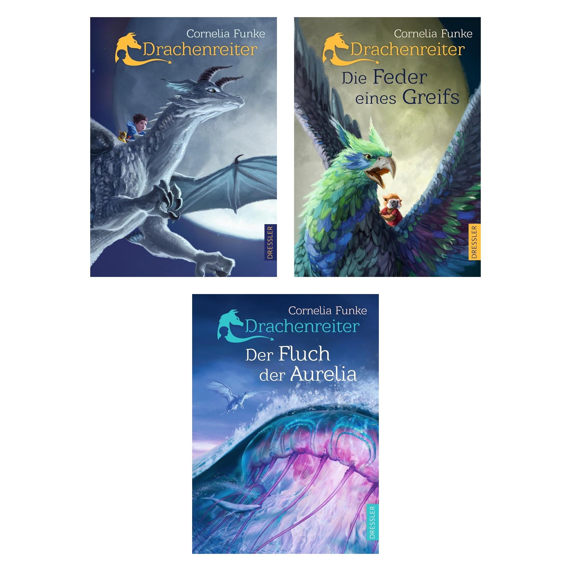 Cornelia Funke - Drachenreiter Reihe Band 1-3: Die Feder eines Greifs, Der Fluch der Aurelia - Fantasy Bücher Bundle voller Drachen, Mut und Abenteuer - Kinderbücher ab 10 mit exklusivem Lesezeichen
