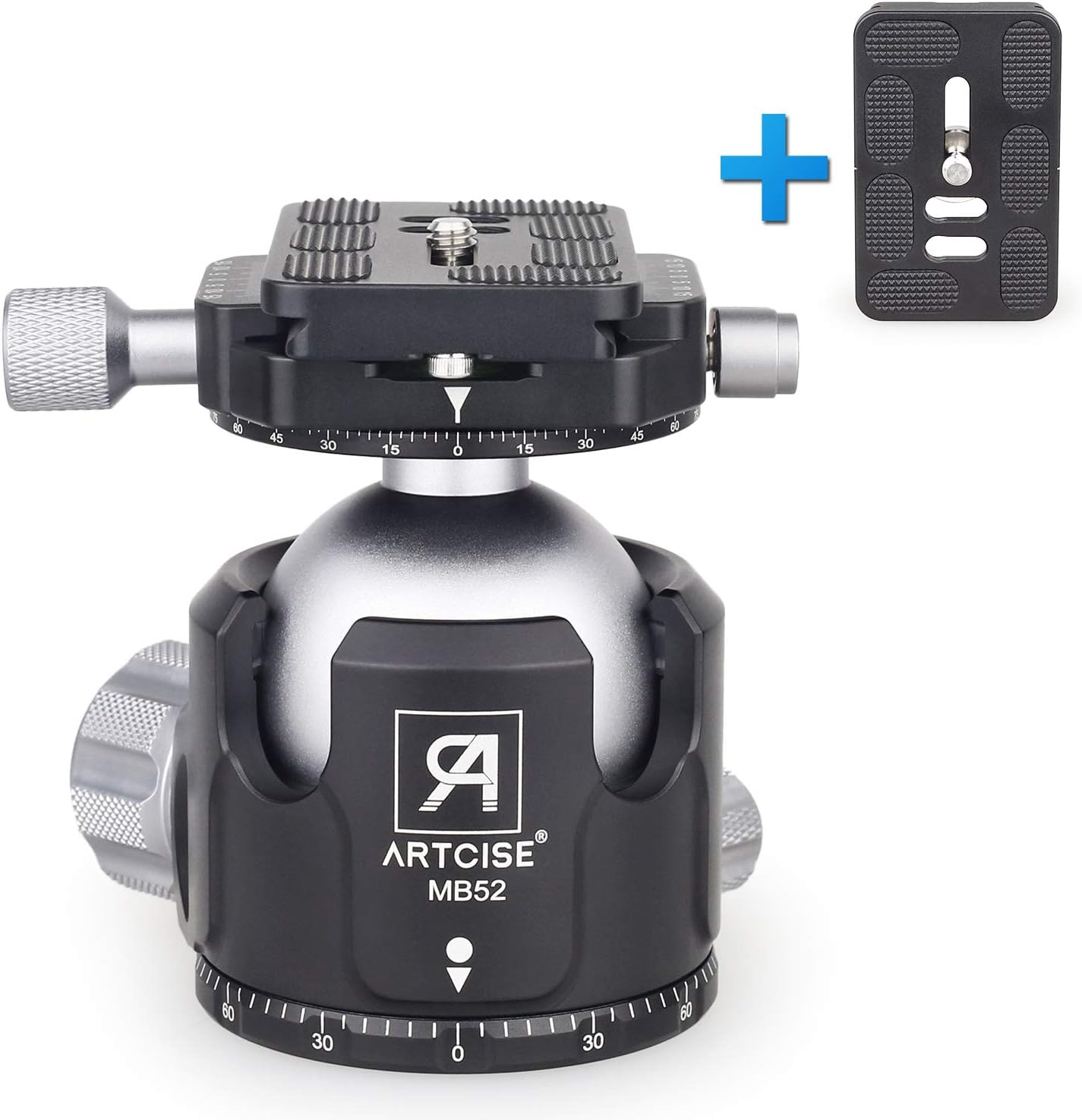 Low Profile Tripod Ball Head, ARTCISE MB52 All Metal CNC Double Panoramic Ball Heads Camera Mount 52MM Ball Diameter with Two 1/4" Quick Release Plates for Tripod, DSLR, Camcorder, Max Load 66lbs/30kg
