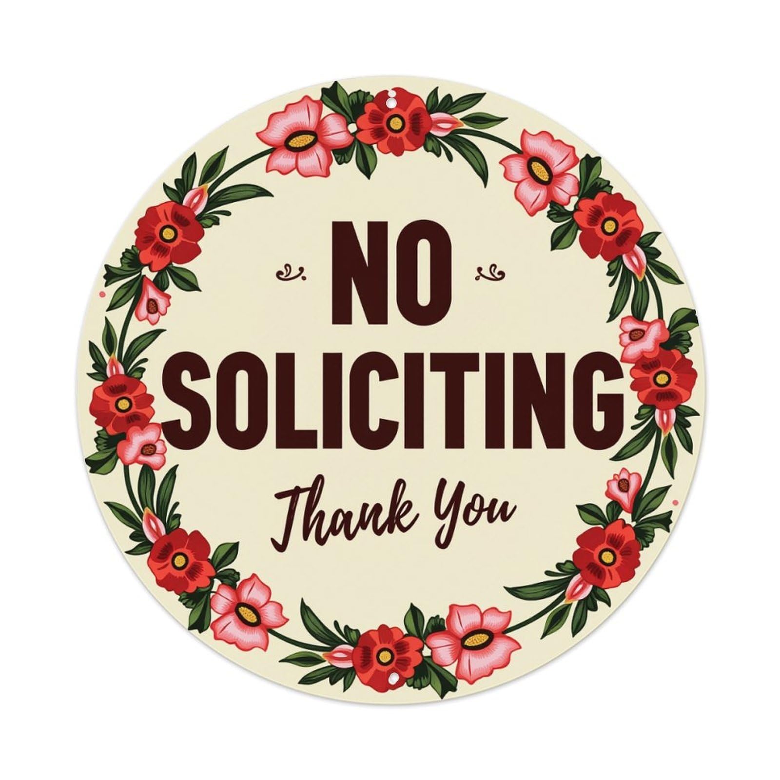Floral Wreath No Solicting Sign Round Tin Sign Retro Metal Sign for Cafe Bar Pub Home Game Room Gym Club Wall Decoration Vintage Metal Poster 8x8 Inch