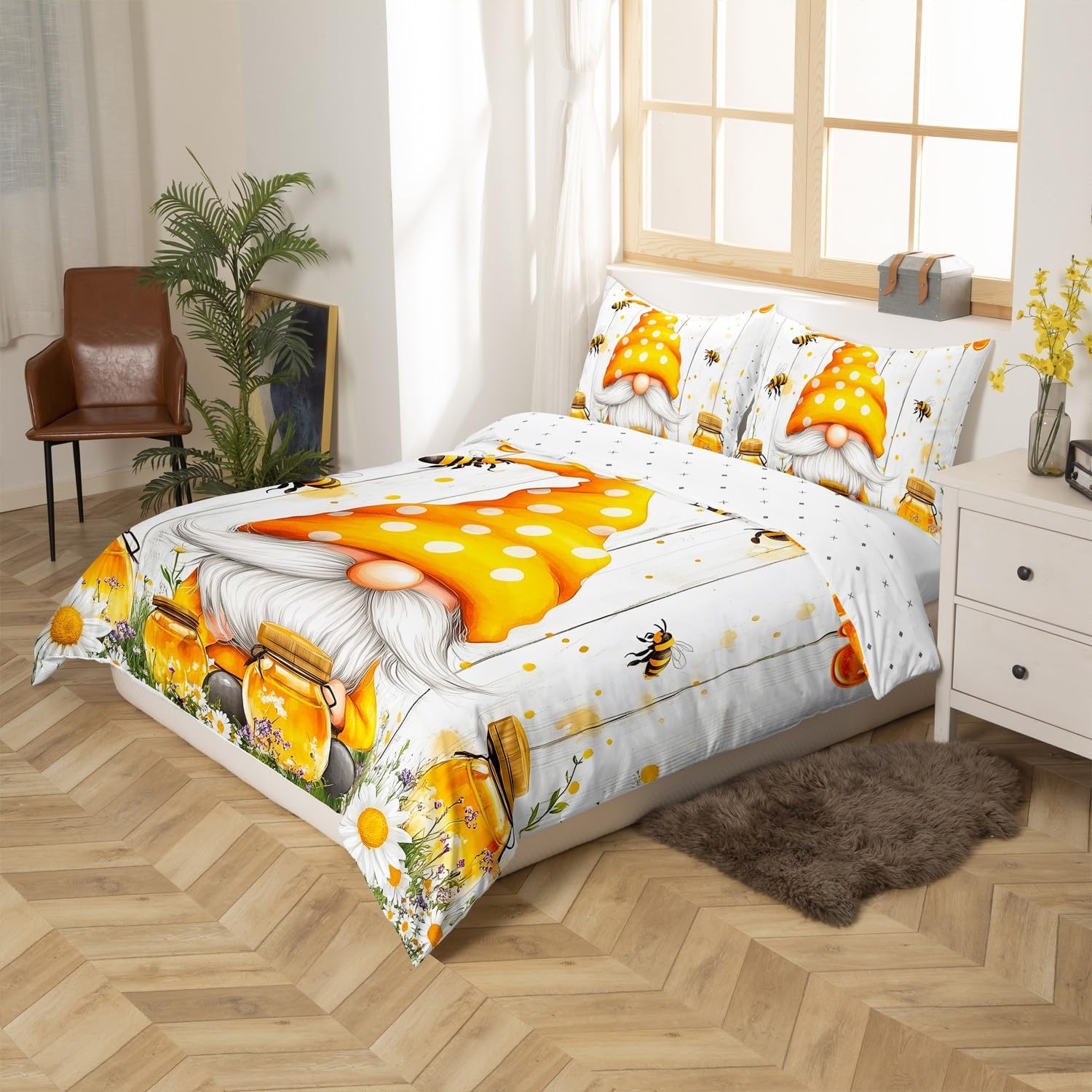 Cute Gnome Duvet Cover Set Toddler Size,Cartoon Dwarf Kawaii Daisy Floral Reversible Quilt Cover for Kids Boys Girls Bee Honey Flowers Rustic Wooden Barn Bedding Set with 1 Pillowcase,No Comforter