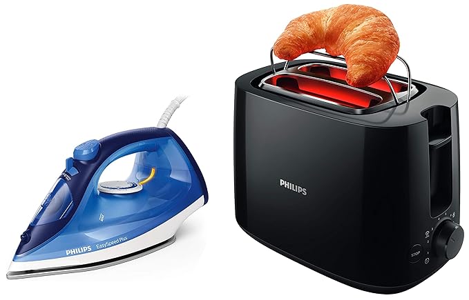 Philips EasySpeed Plus Steam Iron GC2145/20-2200W, Quick Heat Up with up to 30 g/min steam, 110 g steam boost & Philips Daily Collection HD2583/90 600-Watt 2 in 1 Toaster and Grill