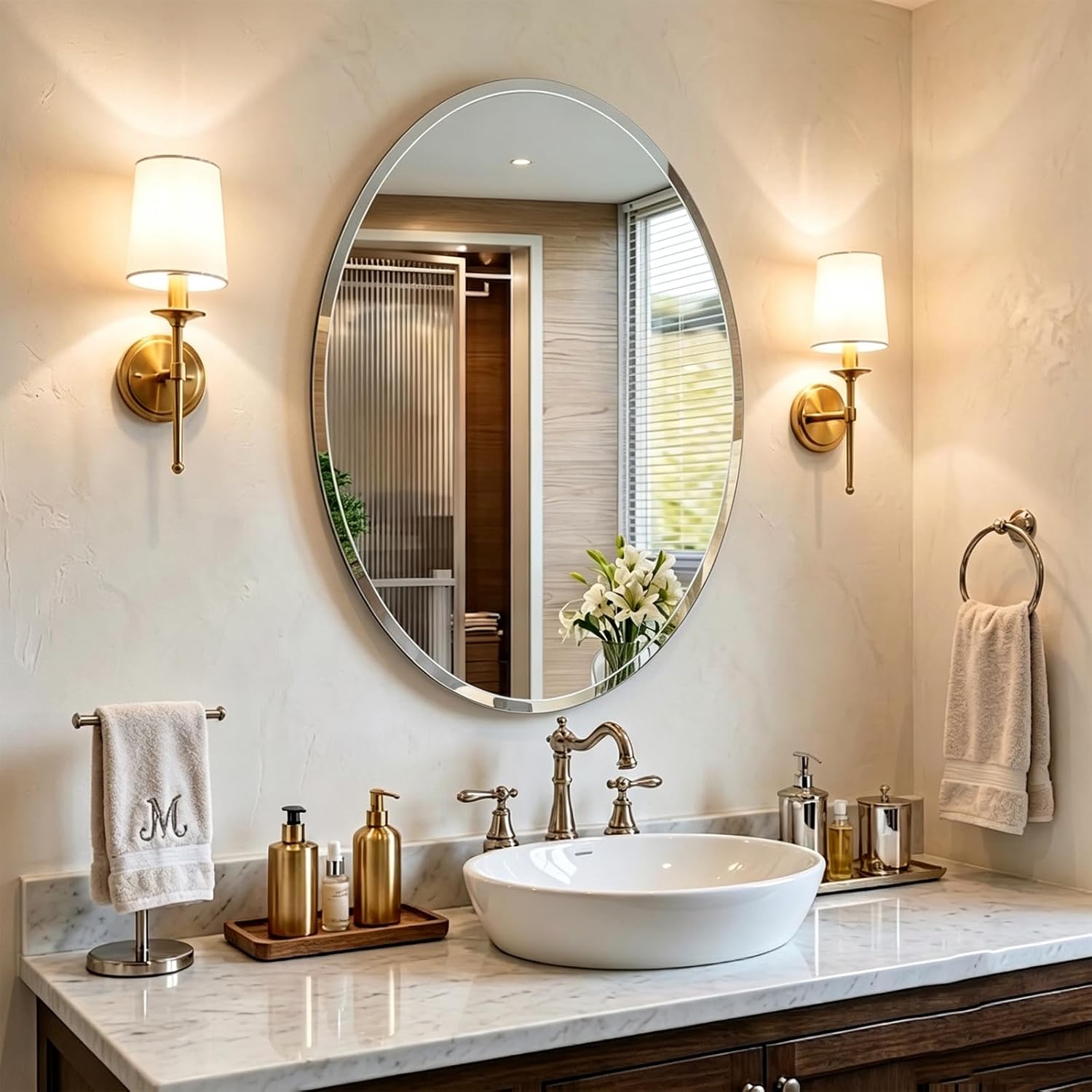 Frameless Oval Mirror, 24×32 Inch Beveled Bathroom Mirrors for Over Sink, Tempered Glass Oval Mirrors for Vanity, Living Room, Bedroom, Entryway