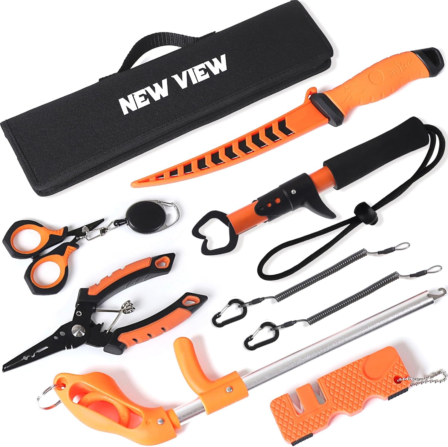 NEW VIEW 9pc & 10pc Professional Fishing Gear Tool Kit - Saltwater & Ice Fishing Tools Set - Corrosion Resistant Fishing Pliers Knife Scissors Gripper Kit with Fishing Gear Carrying Case