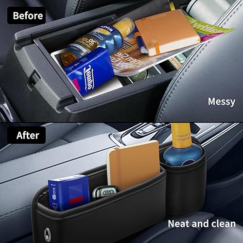 Miniatura 8 de Portavasos de cuero para automóvil, 2 piezas, relleno de huecos para asiento de automóvil con portavasos para tazas, gafas, tarjeta y llave