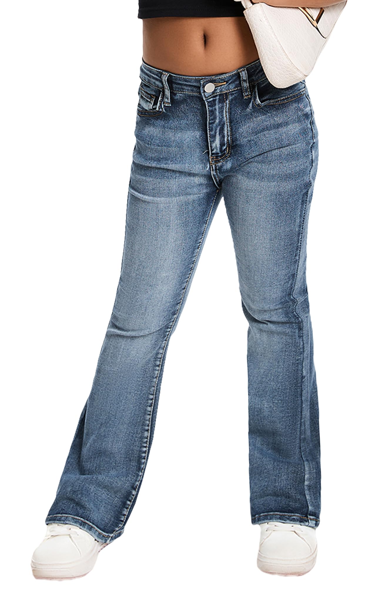 Happy Cherry Mädchen Schlaghose Jeanshosen Skinny Stretch Retro Bootcut Flare Hose Kinder Hohe Taille Blau Denim Glockenhose 130-160
