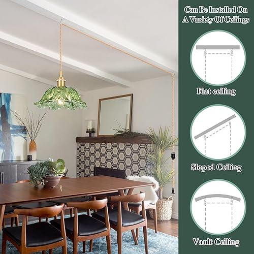 Miniatura 6 de Lámparas colgantes enchufables, lámpara colgante con cable interruptor de encendidoapagado, pantalla de cristal verde E26, iluminación colgante para