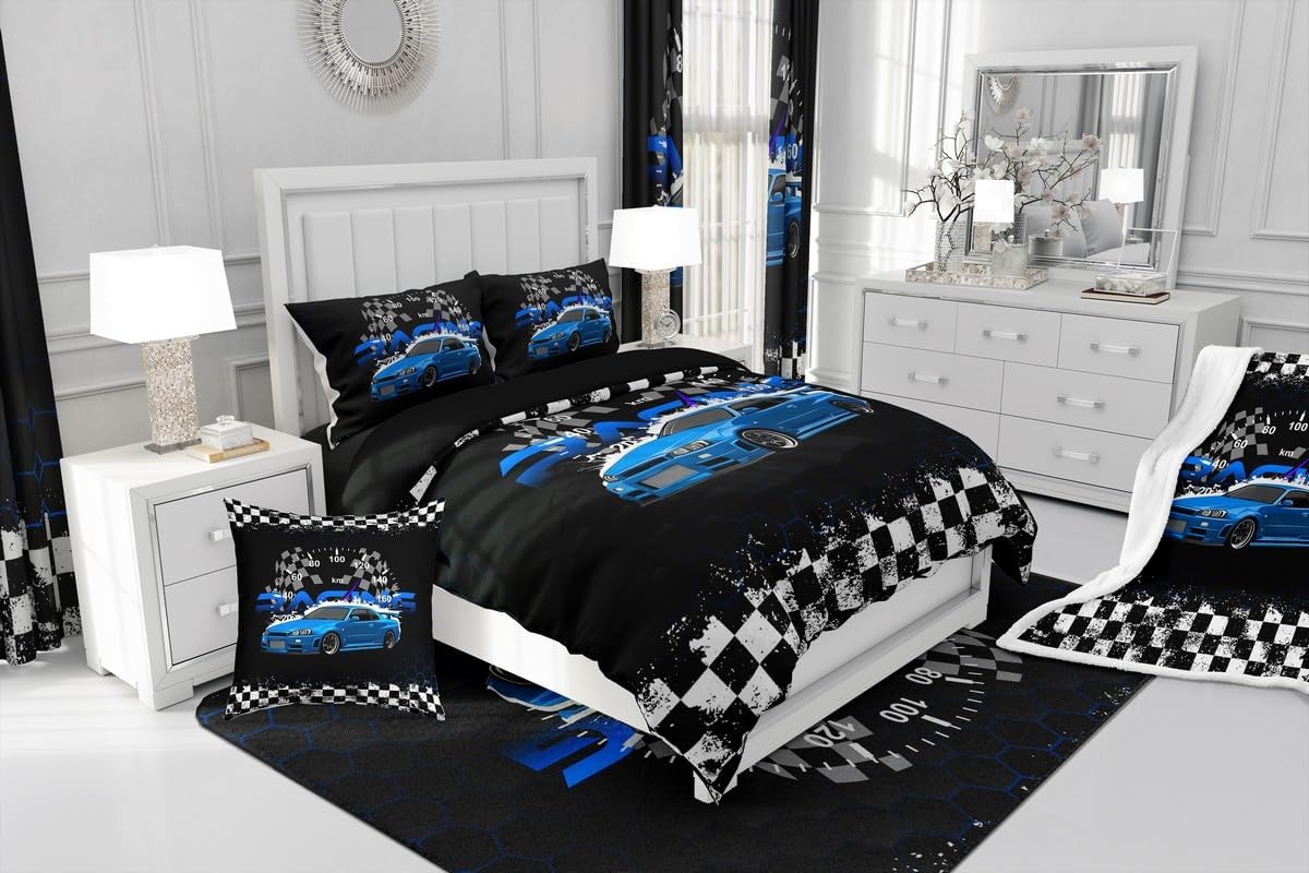 Feelyou Blue Race Car Window Drapes Treatments Sports Car Curtains for Kids Boys Girls Extreme Sport Games Window Drapes Vehicle Racer Window Treatments, 52W X 90L,2 Panels
