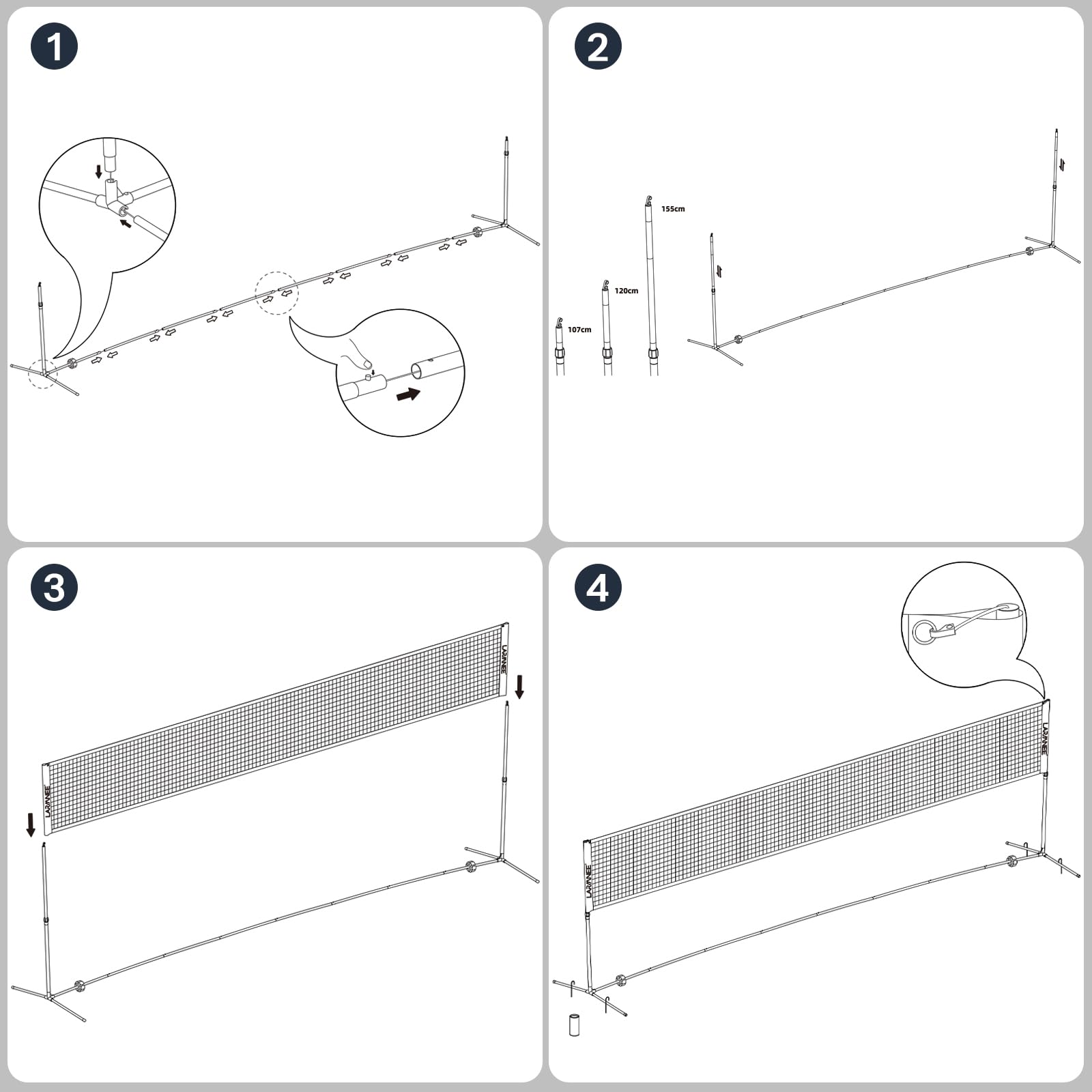 LARMNEE Rete da badminton, rete da pallavolo, rete da volano, regolabile in 3 altezze, 107/120/155 cm, set portatile per tennis, badminton o pallavolo, per giardino, interni, esterni