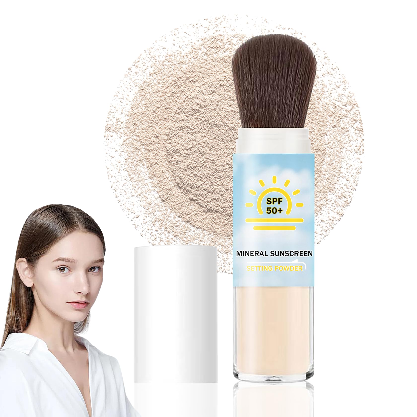 Sunscreen Setting Powder SPF 50 +,Translucent Mineral Sunscreen with Brush for Face Make Up,Oil Control Matte Finish,Lightweight Breathable Face Makeup Powder Translucent Beige