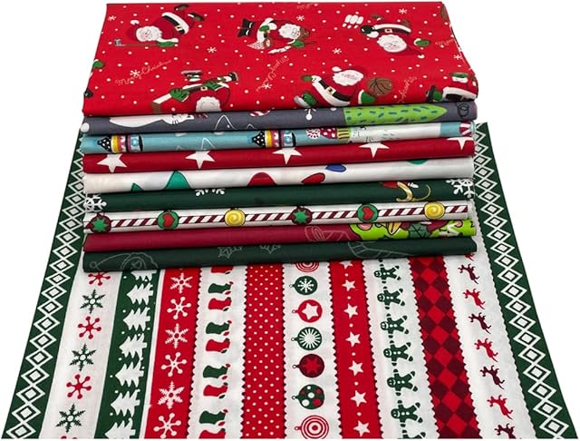 Jukway 10Pcs Fabric Cotton Squares Bundles Christmas Fabric Patterns Printed Precut Fabric Patchwork Cloths for DIY Christmas Decorations, Sewing, Quilting, Craft, Handwork (25x25 cm)