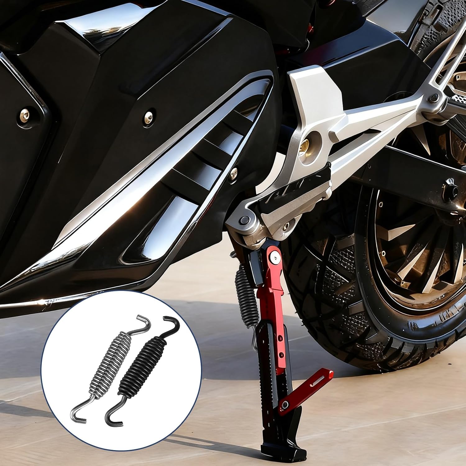 2 Pcs Motorcycle Universal Jiffy Stand Spring Compatible with Harley Davidson Dyna, Sportster, Softail, Touring, Road Glide, and XL1200 Models, Durable Metal Kickstand Support Spring (Black + Chrome)