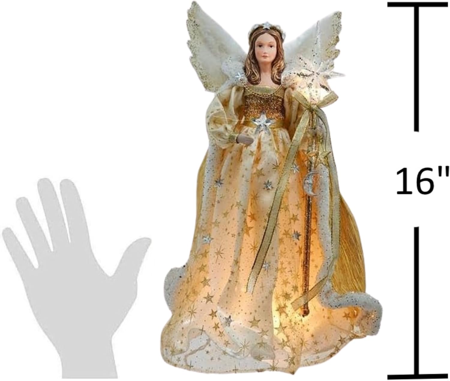 The Bridge Collection Lighted Angel Tree Topper with Gold Star Gown - Illuminated Christmas Tree Angel with Star Wand - Traditional Holiday Angel Tree Top