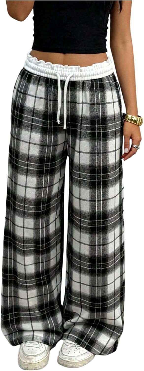 SHENHE Girl's Plaid Wide Leg Pants Drawstring Elastic Waist Casual Baggy Pants Gingham Trousers