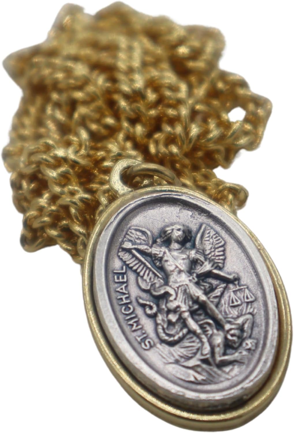 St. Michael Silver Medal with Gold Rim on Stainless Steel Chain with Laminated Prayer Card | Archangel Catholic Pendant - Image 7