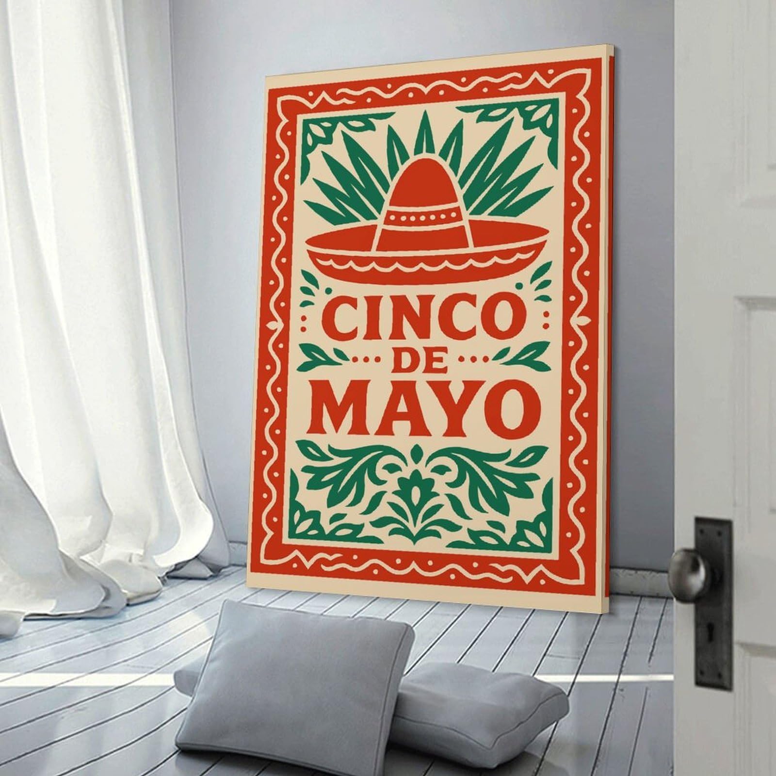Junmoney Cinco De Mayo Sombrero And Foliage Decorative Canvas Print, 16x24inch(40x60cm), for Hallway, Entryway Or Landing, Home Artwork for First Impressions