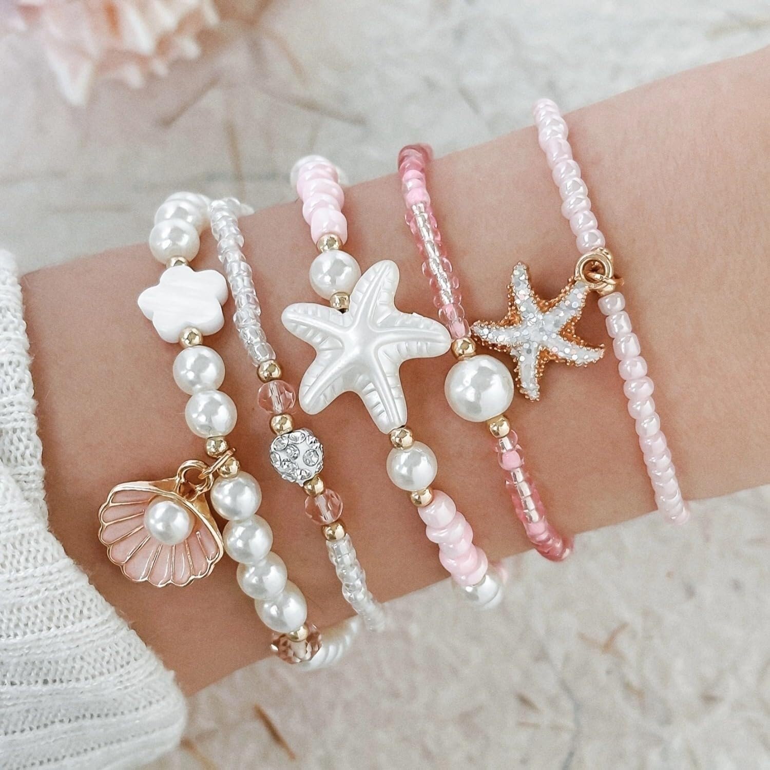 YDYDTTKD 5 Pulseras de Perlas elásticas apilables con Perla Rosa y Blanca, Concha de Estrella de mar, joyería temática de Playa de Verano para Mujer