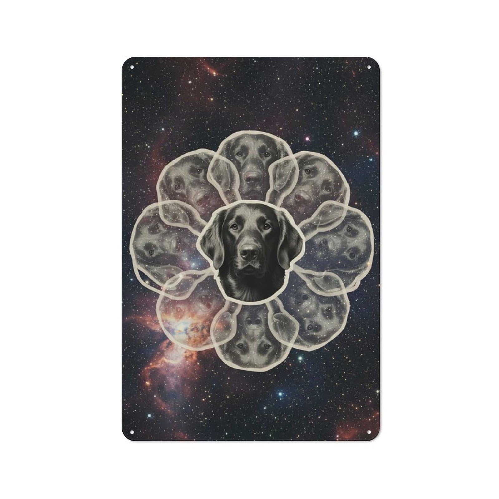 Metal Wall Sign with Cosmic Flat-coated Retriever Design 30x20cm, Vintage Industrial Wall Art for Workshop, Basement, Shed Or Games Room