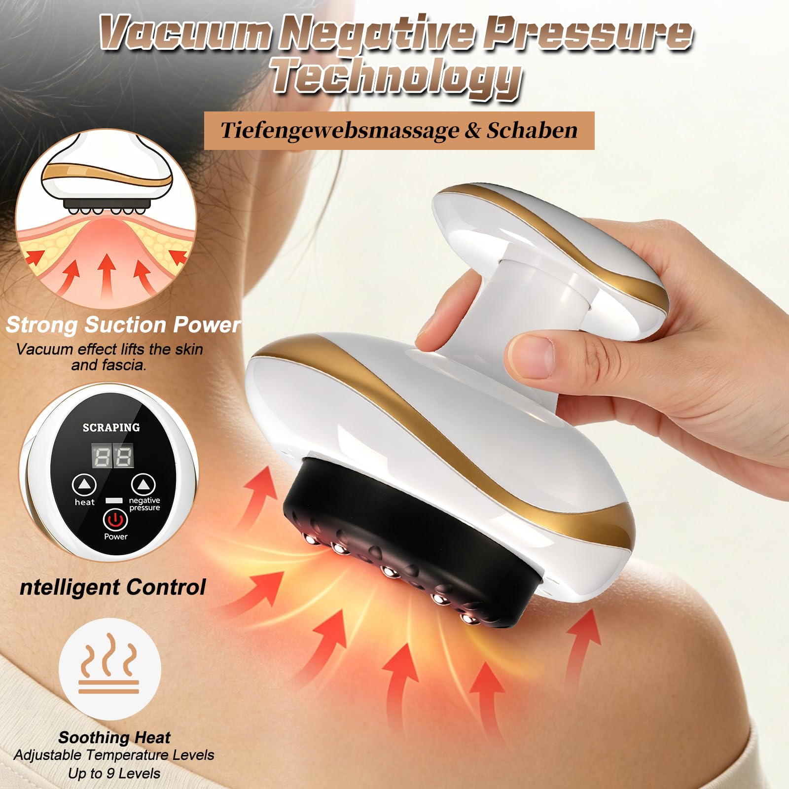Cellulite Massaggiatore, Massaggiatore elettrico 4 in 1 con terapia del calore, coppettatrice sottovuoto & Gua Sha, 9 livelli di riscaldamento e funzione di aspirazione, per pancia gambe