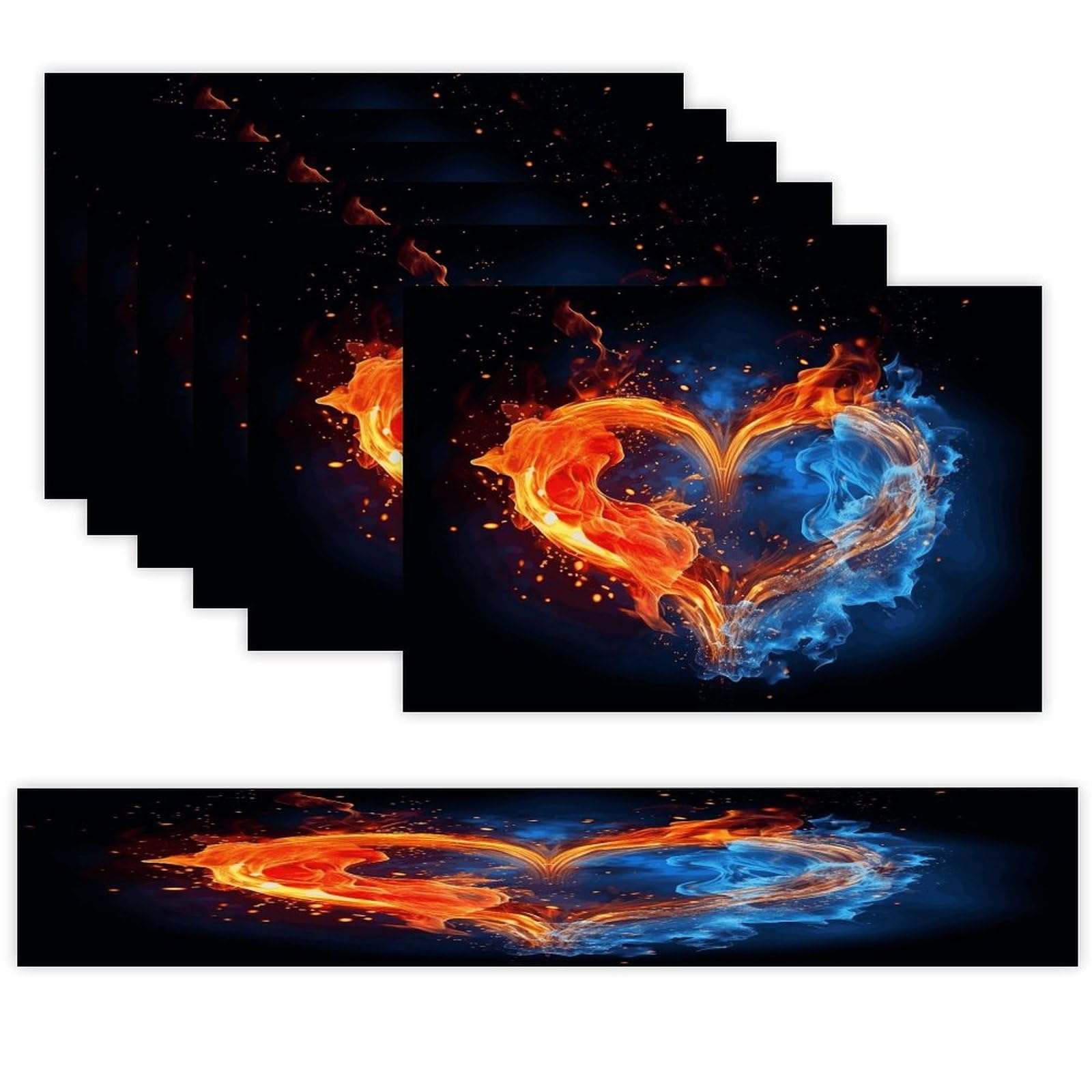Fire and Water Heart Table Runner and Placemats Set of 6 Heat Resistant Washable Linen Place Mats Farmhouse Long Table Runner Xmas Kitchen Table Mats Art Dining Table Decor for Daily Use