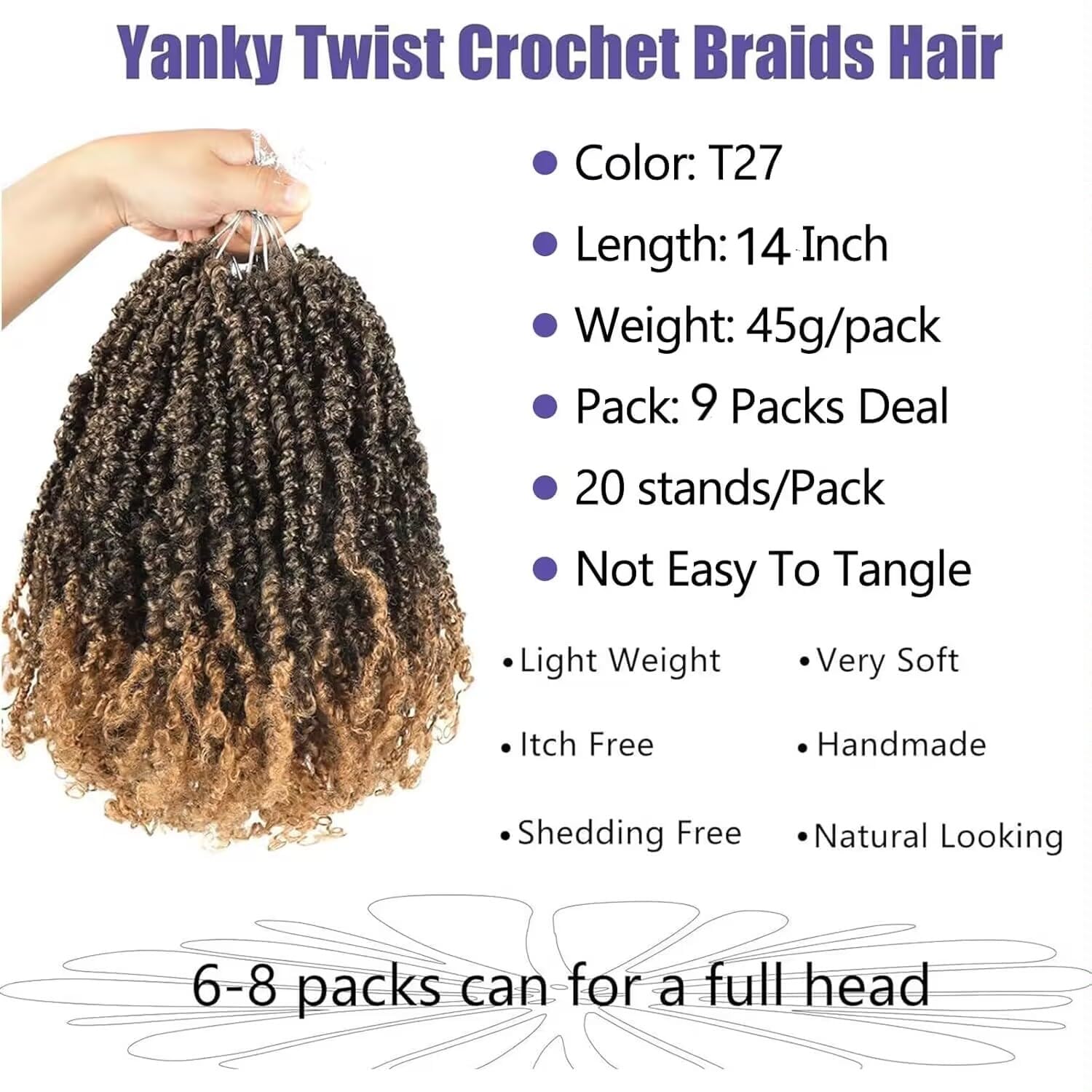 Datanala Yanky Twists Crochet Hair 14 Inch 9 Packs with Curls Micro Spring Twists Pre-looped Extensions for Women (T27#, 14inch) - Image 2