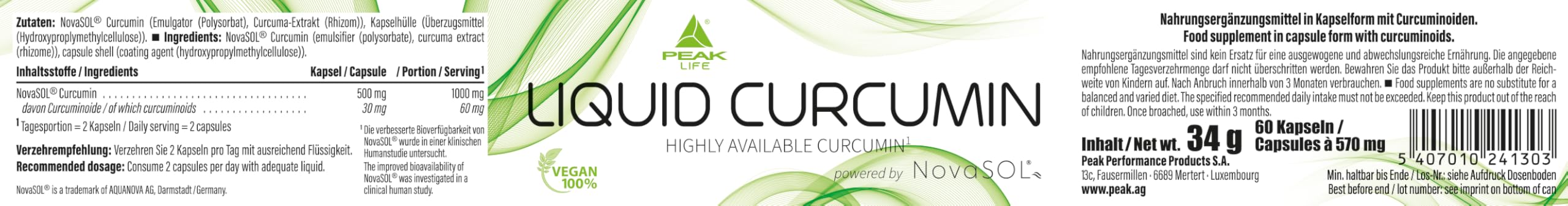 PEAK Liquid Curcumin - 60 Kapseln I 1000 mg patentiertes NovaSOL® Curcumin pro Portion I 185x höhere Bioverfügbarkeit durch flüssige Form I vegan