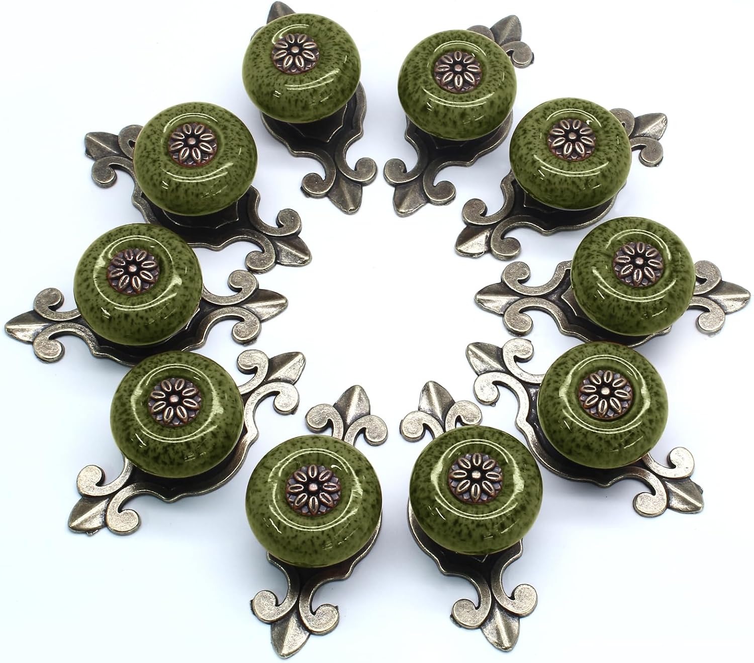 10pcs Ceramic Knobs Green Dresser Knobs with Pattern, Vintage Cabinet Knobs with Antique Bronze Back Plate, Decorative Drawer Knobs Pull Handles for Closet, Cupboard