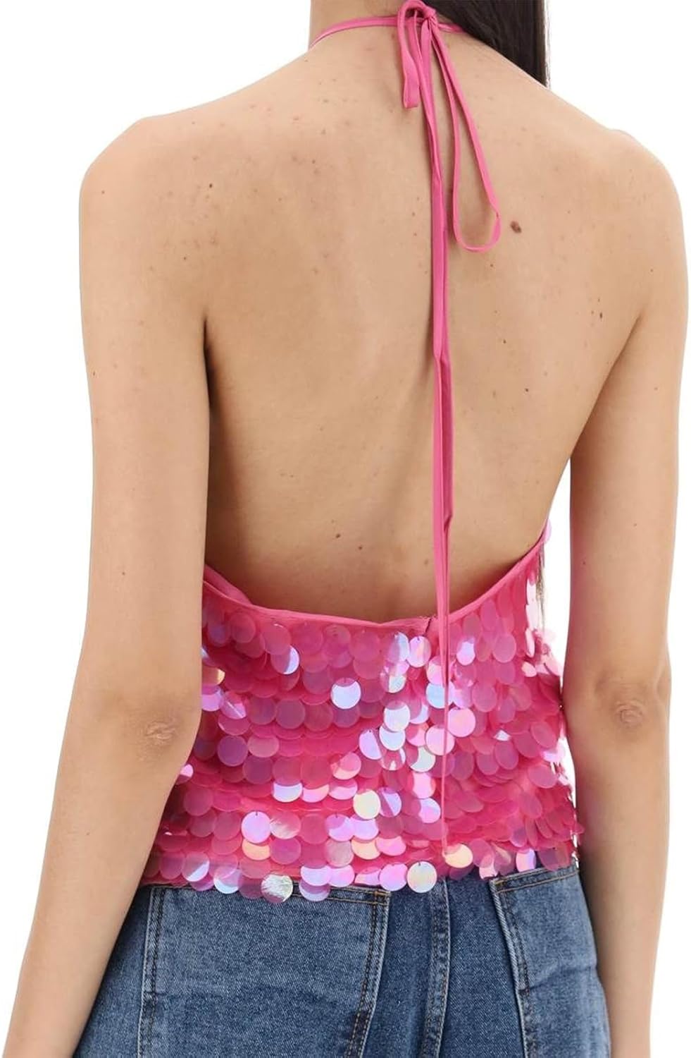 スパークル スパンコール ホルター クロップトップ 女性用 Y2K コケット グリッター バックレス タイアップ キャミ タンクトッ