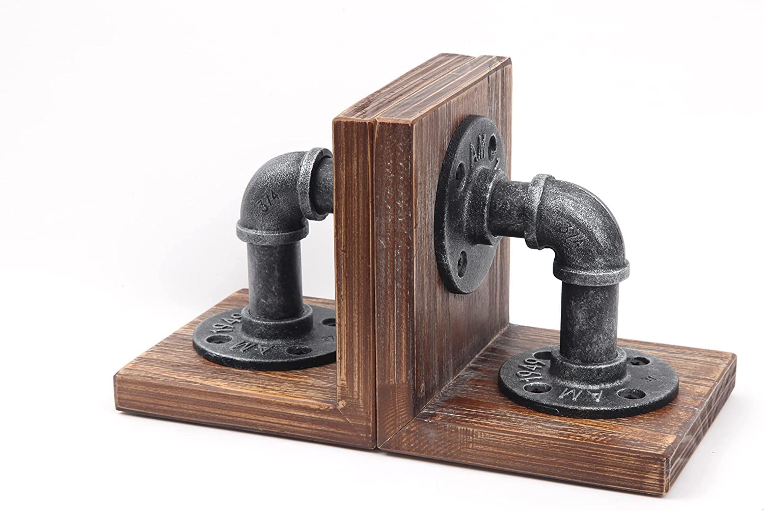 LINKPIPES Buchstützen aus Holz, rustikale Industrie-Dekoration, robuste Buchstützen-Halterung für Bücher und Filme, 1 Paar (Schwarz-Grau)