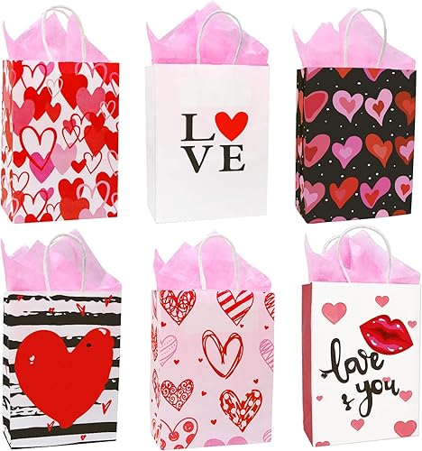 Tuzuaol Paquete de 12 bolsas de regalo para el día de San Valentín con papel de seda para niños, bolsas de papel de San Valentín con asa para