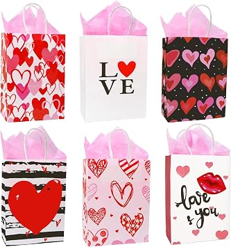 Tuzuaol 12 Pack Valentines Day Gift Bag with Tissue Paper for Kids Valentines Paper Goodie Bags with Handle for Wrapped Gifts Party Supplies