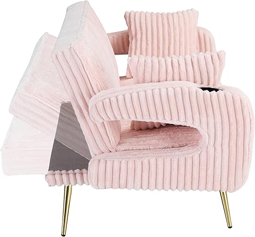 Miniatura 4 de Sofá cama convertible tapizado de pana con portavasos, sofá cama futón con 3 respaldos reclinables y almohadas, sofás modernos y cómodos para sala