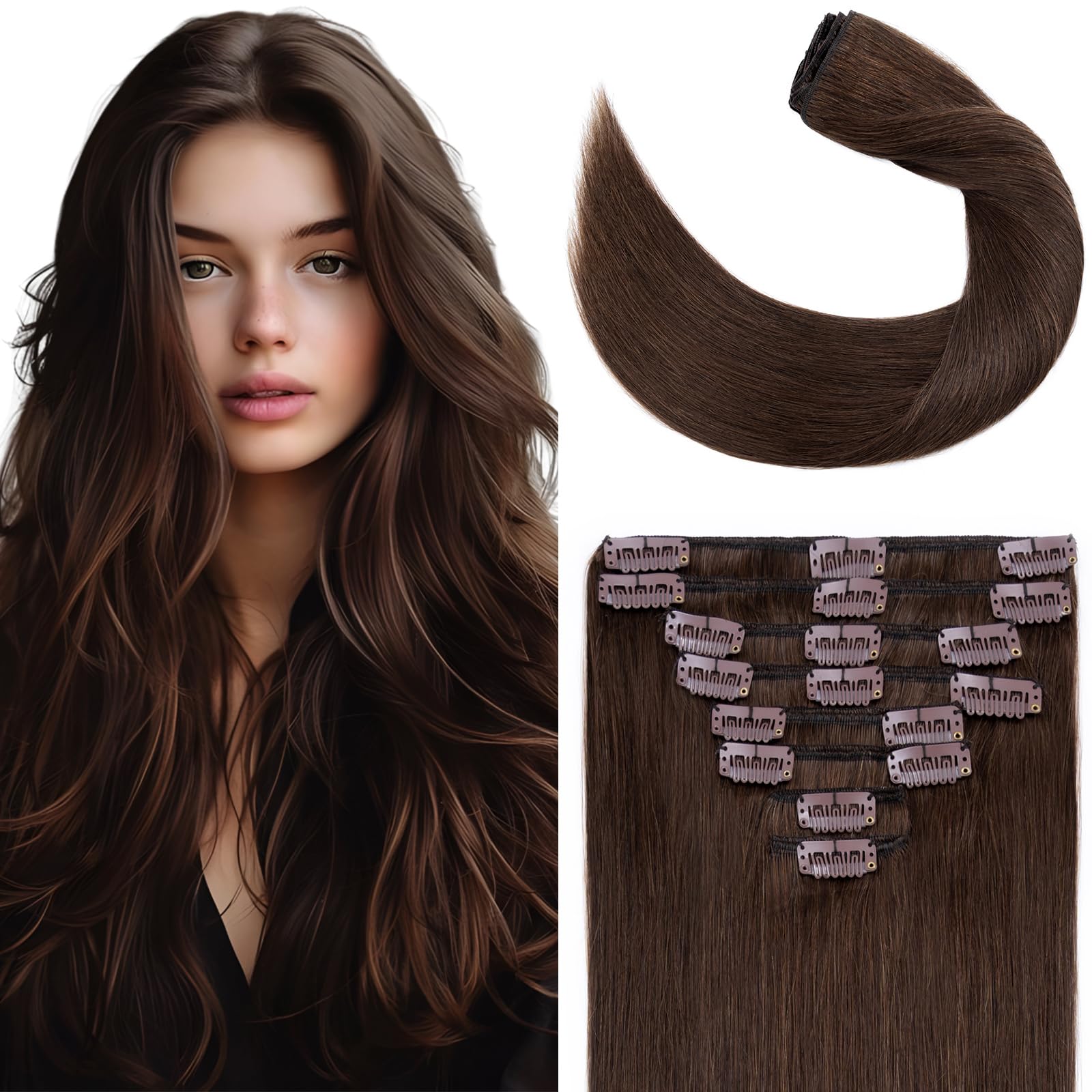 Elailite Clip in Hair Extensions Real Human Hair Remy Natural Hair #4 Medium Brown 16 Inch 90g 8 Pieces Standard Weft Full Head Straight