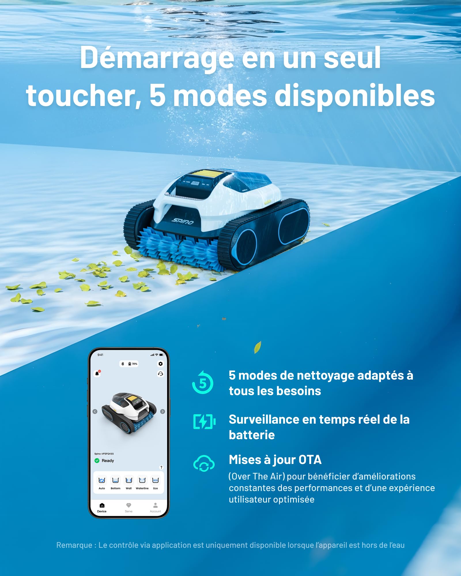 SPINO E1 Robot Piscine sans Fil | Autonomie 210 Min, 21950 LPH, 5 Modes, Nettoyage Parois et Ligne d'Eau, Contrôle par App, Trajet SmartArc, Piscines 150 m²