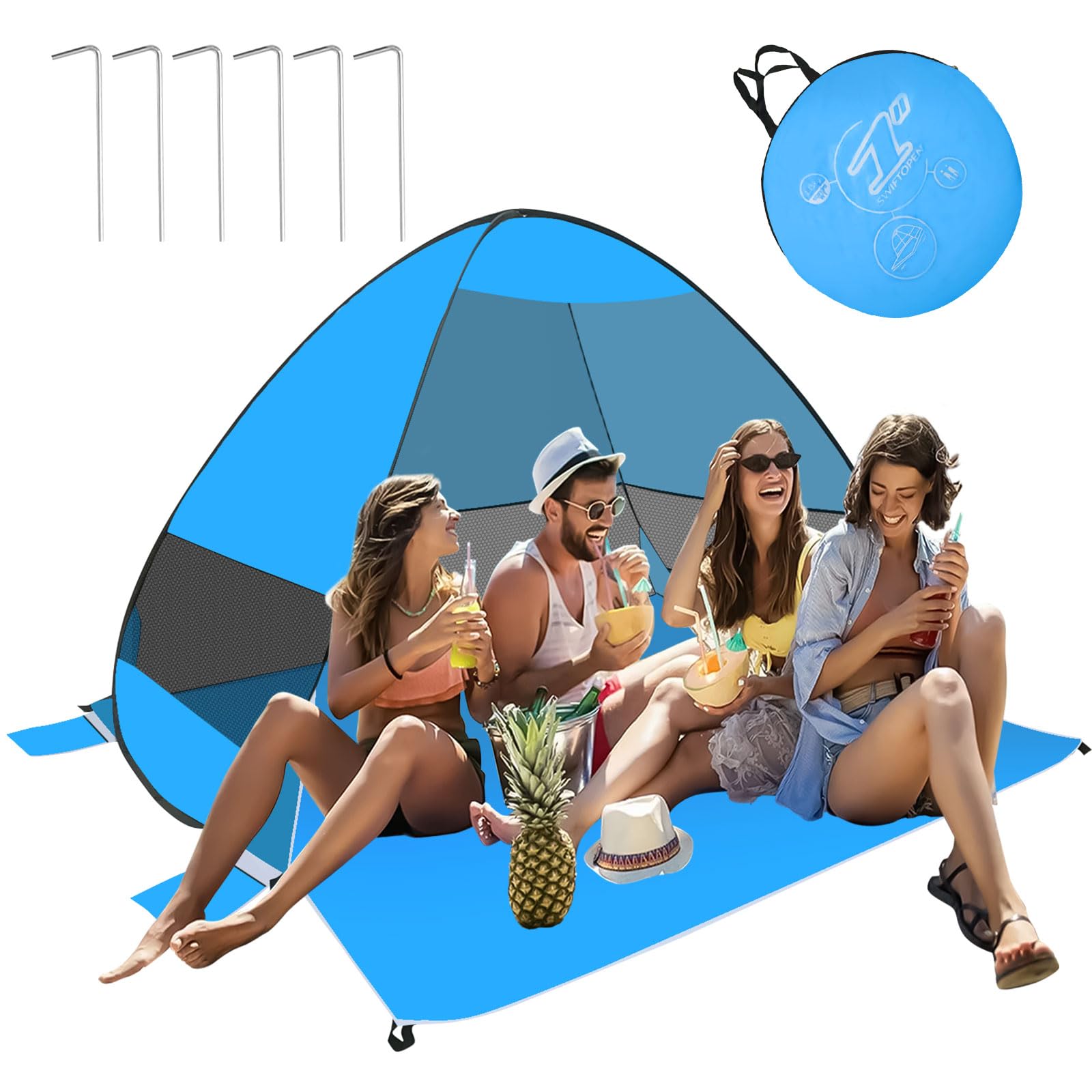 Tienda Pop Up de Playa Con Refugio Anti Rayos UV, 3-4 Personas, Una Puerta y Tres Ventanas Enrejadas - Sombrilla Fácil de Usar Con Bolsa de Almacenamiento