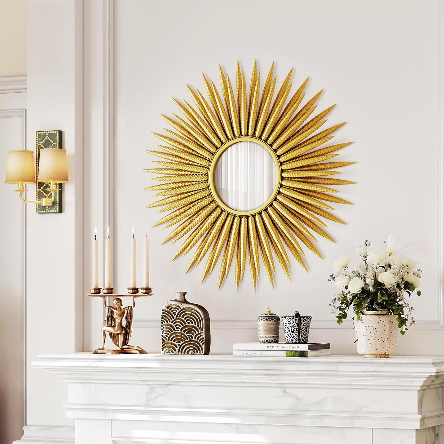 PERHOM 26"x26" Sunburst Mirror for Wall Decor, Modern Decorative Mirrors for Living Room, Bedroom, Entryway, Dinner Room, Fireplace