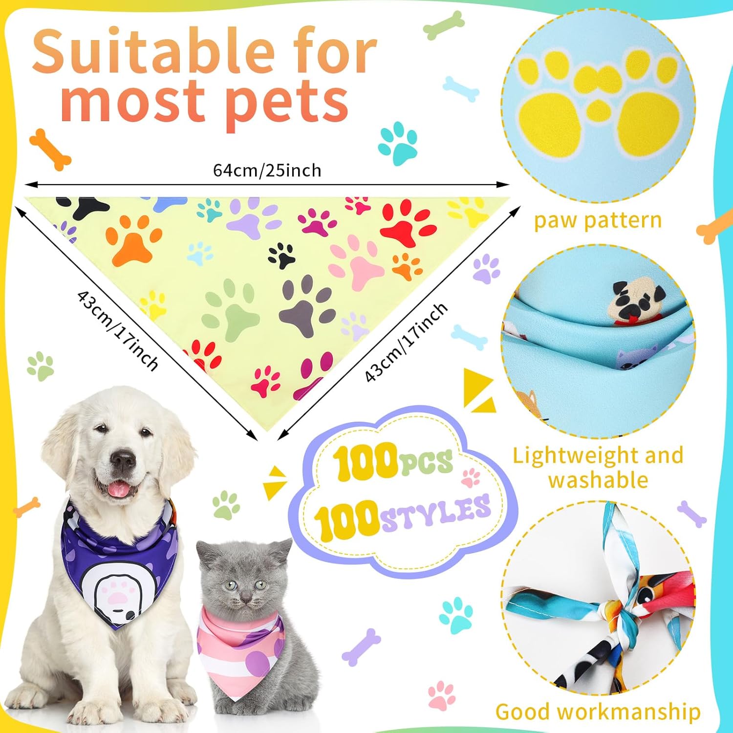 100 Pcs Paw Dog Bandanas Bulk Pet Bibs Colorful Triangle Scarf Paw Pattern Pet Bandanas for Medium Large Dogs Holiday Summer Birthday Costume Decor