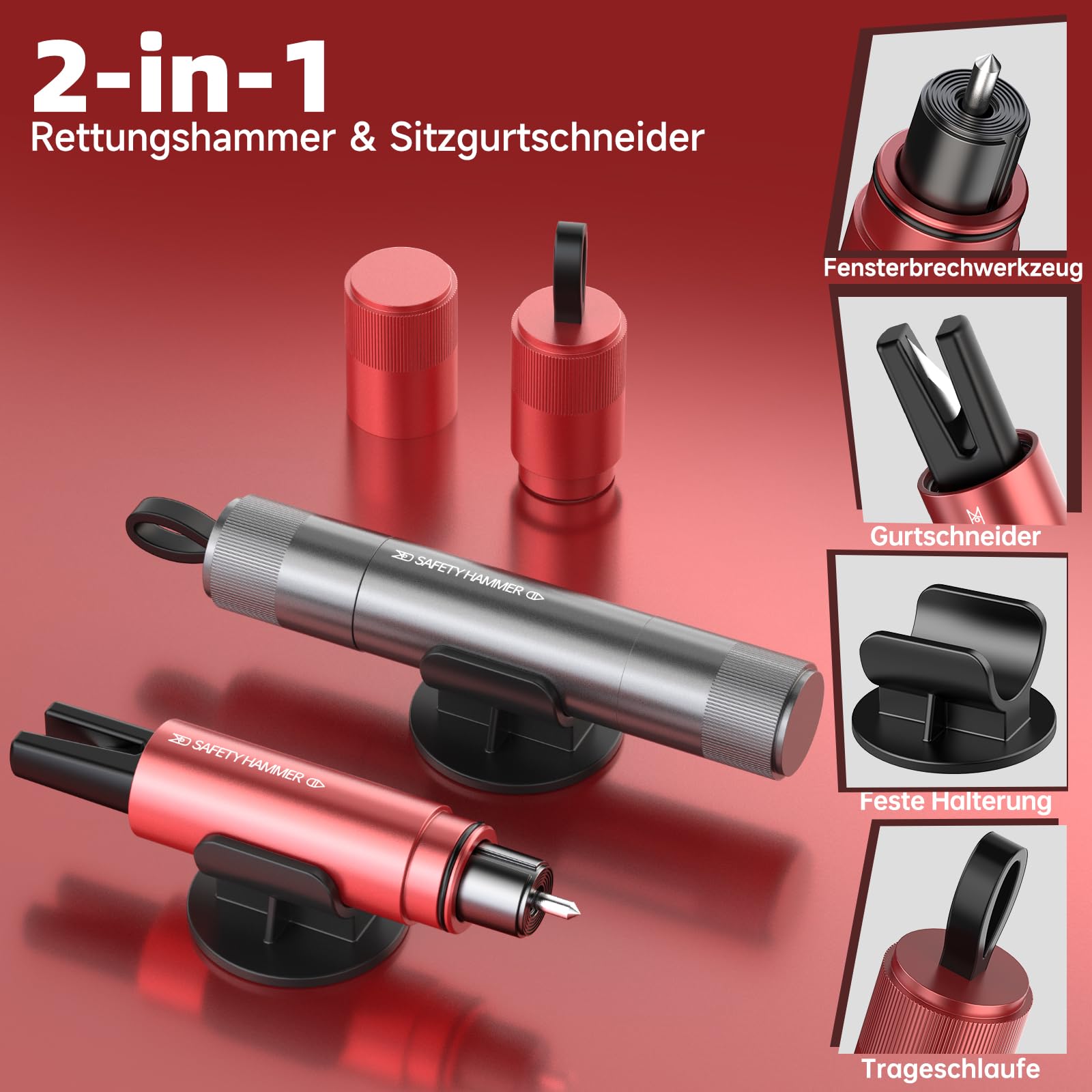 Gecool Martello di Soccorso 2 in 1 con tagliacintura, 4 pezzi kit di sicurezza – frangivetro a molla in tungsteno, lama a U e base adesiva. Ideale per auto e autobus.