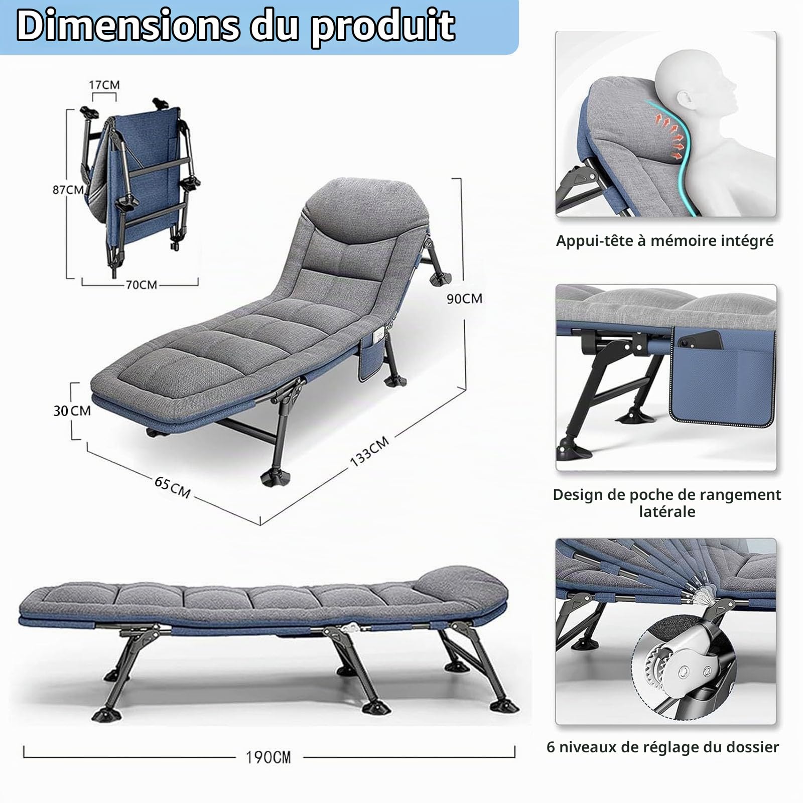 Lit de camping pliable avec matelas, réglable sur 6 niveaux, extra large jusqu'à 160 kg, chaise longue de jardin pour extérieur, camping, voyage, 190 x 65 x 30 cm (gris)
