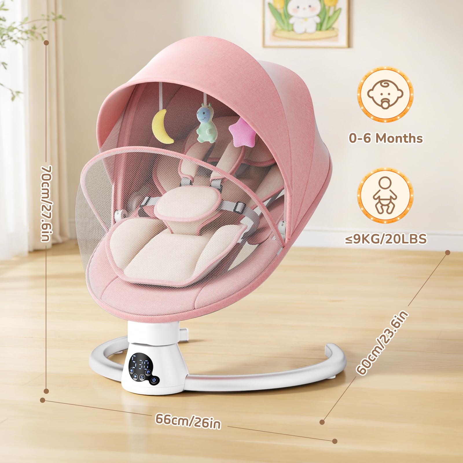 Transat Bébé Électrique avec Dossier Réglable sur 2 Niveaux – Application et Télécommande Balançoire Électrique pour Bébé, 12 Sons et Prise en Charge Bluetooth, 2 Options D'alimentation (Rosa)